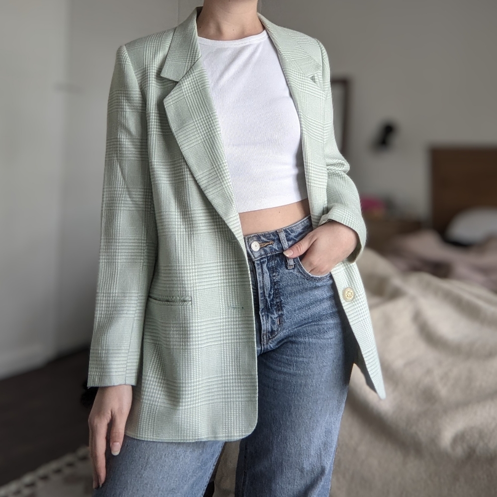 Vintage Pastel Green Plaid houndstooth blazer